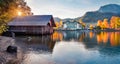 Panoramic autumn view of Altaussee village. Colorful evening scene of Altausseer lake. Captivating landscape of Austrian Alps. Tra