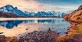 Panoramic autumn view of Cheserys lake with Mount Blank on background, Chamonix location. Beautiful outdoor scene of Vallon de Ber Royalty Free Stock Photo