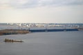 Panoramic autumn view of the Volga River, Zhigulevskaya hydroelectric station and residential areas of the city of Togliatti.