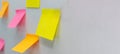 Panoramic banner copy space. many blank colored sheets sticky note paper on white board background