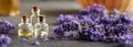 Panoramic banner with essential oil bottles and fresh purple lavender flowers Royalty Free Stock Photo