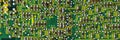 Panoramic banner Green printed circuit board PCB with chip texture or background. Electronic embedded system design. Minimal
