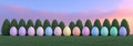 On a panoramic banner, hand-painted, colorful Easter eggs are shown on the grass Royalty Free Stock Photo