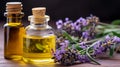 Panoramic banner or header of fresh purple lavender with flacons of essential oil for aromatherapy. Royalty Free Stock Photo