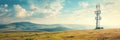 Panoramic banner of industrial communication tower for signal transmitter in a sunny meadow