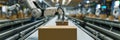 Panoramic banner of robot arm in industrial warehouse packing station shipping cartboard box Royalty Free Stock Photo