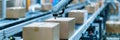 Panoramic banner of robot arm in industrial warehouse packing station shipping cartboard box Royalty Free Stock Photo