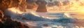 Panoramic banner of rough ocean waves hitting cliff rock on shoreline at sunrise Royalty Free Stock Photo