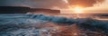 Panoramic banner of rough ocean waves hitting cliff rock on shoreline at sunrise Royalty Free Stock Photo
