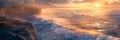 Panoramic banner of rough ocean waves hitting cliff rock on shoreline at sunrise Royalty Free Stock Photo