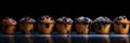Panoramic banner with row of blueberry muffins on dark background, AI generative panorama