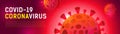 Panoramic banner on the theme of Coronovirus, Covid 19 worldwide. Red sign of coronavirus. Template with place for your text. Vect Royalty Free Stock Photo