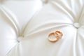 Panoramic banner of two gold wedding rings symbolic of love and romance on a textured leather background with copy space for your Royalty Free Stock Photo