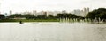 Panoramic banner view of Ibirapuera Park with Sao Paulo cityscape, Brazil