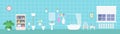 Panoramic bathroom interior with retro clawfoot tub, toilet, bidet and sink on blue background Royalty Free Stock Photo