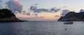 Panoramic of a beach in Ibiza island with sailboats and yacht in the water Royalty Free Stock Photo