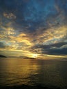 Panoramic beach landscape. Inspire tropical beach seascape horizon. Orange and golden sunset sky calmness. Royalty Free Stock Photo