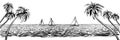 Panoramic beach with yachts regatta. Vector sketched landscape with palms and sea.