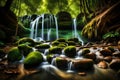 Panoramic beautiful deep forest waterfall. Royalty Free Stock Photo