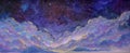 Panoramic beautiful landscape with night starry sky fantasy clouds over mountains hill handmade oil painting