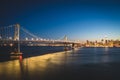 Panoramic beautiful scenic view of the Oakland Bay Bridge and the San Francisco city in the evening, California Royalty Free Stock Photo