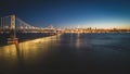 Panoramic beautiful scenic view of the Oakland Bay Bridge and the San Francisco city in the evening, California Royalty Free Stock Photo