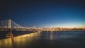 Panoramic beautiful scenic view of the Oakland Bay Bridge and the San Francisco city in the evening, California Royalty Free Stock Photo