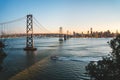 Panoramic beautiful scenic view of the Oakland Bay Bridge and the SF city at dusk, San Francisco, California Royalty Free Stock Photo