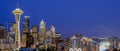 Panorama aerial view of Seattle downtown cityscape at evening