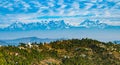 Panoramic beautiful view of mount Trisul, Nanda Devi with the beautiful sky on the way to Binsar, Kasardevi, Almora Uttarakhand