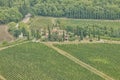 Panoramic beautiful view of residential areas Radda in Chianti and vineyards and olive trees in the Chianti region, Tuscany, Italy