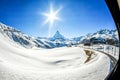 Panoramic beautiful view of snow mountain Matterhorn peak from train, Zermatt, Switzerland Royalty Free Stock Photo