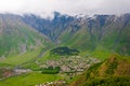 Panoramic beautiful view of the Stepantsminda village in the mountains. Georgia Royalty Free Stock Photo
