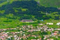 Panoramic beautiful view of the Stepantsminda village in the mountains. Georgia Royalty Free Stock Photo