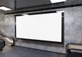 Panoramic billboard on underground subway Mockup. Hoarding advertising hanging on train station interior 3D rendering Royalty Free Stock Photo