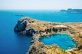 Panoramic bird eye aerial view at Saint Paul Bay at Lindos on the island of Rhodes Royalty Free Stock Photo