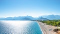 Panoramic bird view of Antalya and Mediterranean seacoast and be Royalty Free Stock Photo