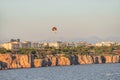 Panoramic bird view of Antalya and Mediterranean seacoast and beach with a paraglider, Antalya, Turkey Royalty Free Stock Photo