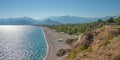 Panoramic bird view over Antalya modern part of the city, Mediterranean seacoast and long pebble beach with tourists, Antalya, Royalty Free Stock Photo