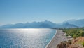 Panoramic bird view over Antalya modern part of the city, Mediterranean seacoast and long pebble beach with tourists, Antalya, Royalty Free Stock Photo