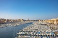 Panoramic bird view over modern center, harbor and historical and touristic downtown in Marseille at sunset and blue sky,