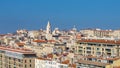 Panoramic bird view over modern center, harbor and historical and touristic downtown in Marseille at sunset and blue sky,