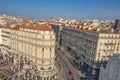 Panoramic bird view over modern center, harbor and historical and touristic downtown in Marseille at sunset and blue sky, Royalty Free Stock Photo