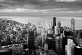 Panoramic black and white view of Chicago during a sunset