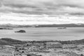 Panoramic black and white view of Lake Bolsena from Montefiascone, Italy, including islands Royalty Free Stock Photo