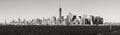Panoramic Black & White view of Lower Manhattan skyscrapers from New York Harbor. New York City