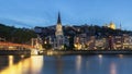 Panoramic blue hour view of Lyon with Saone river Royalty Free Stock Photo