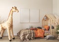 Panoramic boho interior for baby's room Scandinavian style. Wooden bed, large toys on empty beige background. Trendy