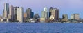 Panoramic of Boston Harbor and the Boston skyline at sunrise as seen from South Boston, Massachusetts, New England