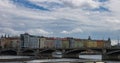 Panoramic of buildings with famous dancing house in Prague, with Vltava river